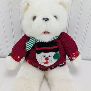 Vintage White Christmas Teddy Bear Plush Stuffed Animal Light Up Sweater Mouth
